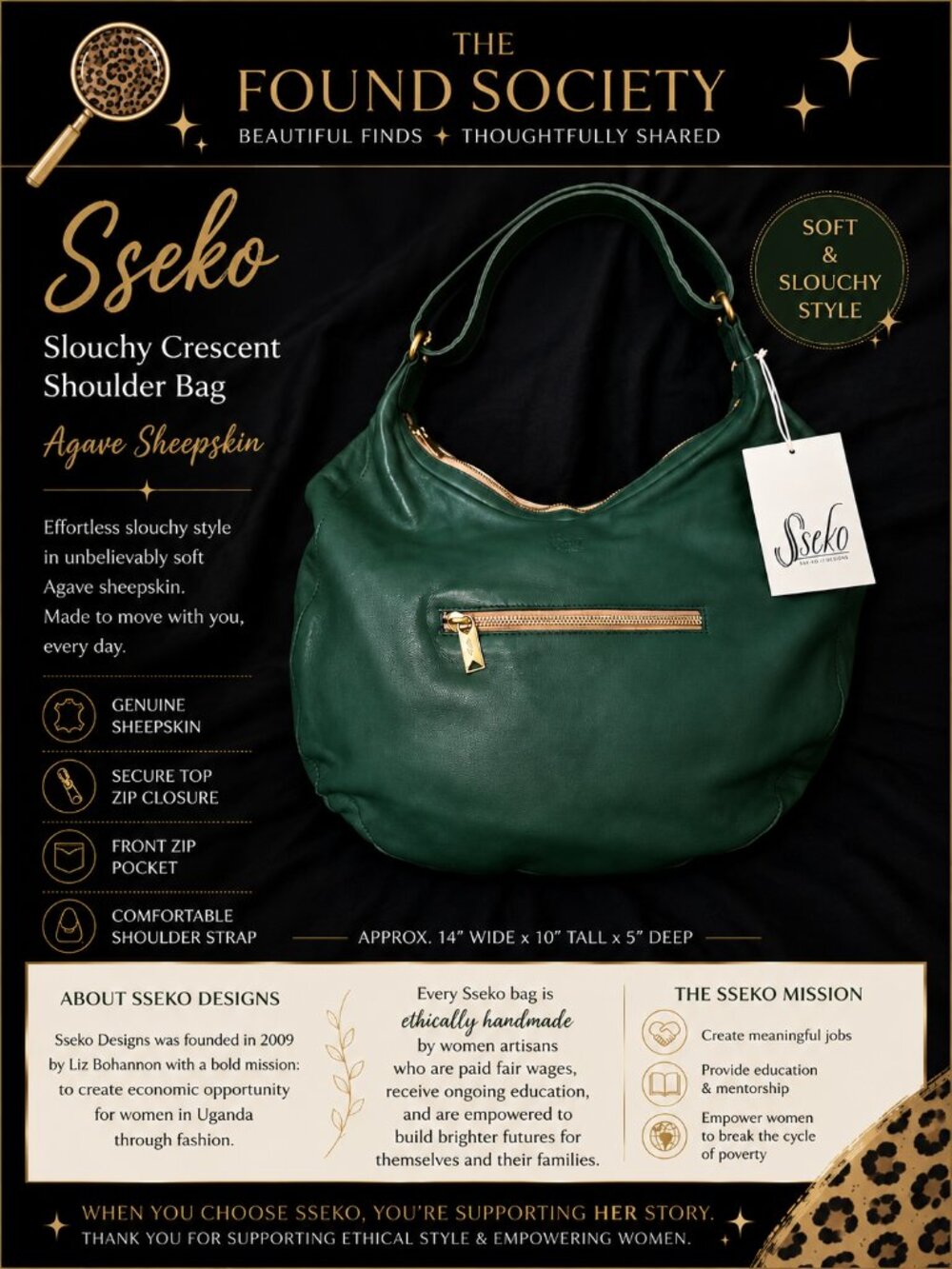 NWT Sseko Slouchy Crescent Shoulder Bag Agave Sheepskin Green Leather